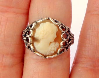 Antique, Hand Carved, Conch Shell, Adjustable Size Ring, Sterling Silver Filigree, Ladies Ring, One Of A Kind, (OOAK)