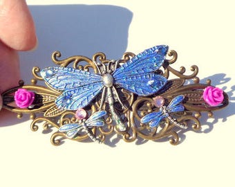 Dragonfly Crystal Barrette, Glittering Blue Wings, Hair Jewelry,Bride,Bridesmaids,Prom,Hair Accessories,Swarovski Crystals,Filigree Barrette