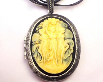 Cameo Locket, Three Muses, Ivory, Onyx Black Cameo, Goth,Three Dancing Graces,Gunmetal Locket,Dancing Sisters,Three Sisters Cameo