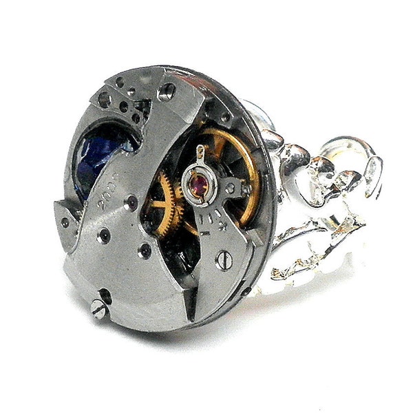 Steampunk Ring, Industrial Watch Movement, Ruby Jeweled, Blue Swarovski Crystal,Cosplay Ring for Him or Her,Silver Filigree, Adjustable Band