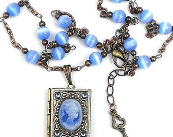 Victorian Locket Necklace, Blue Tiger's Eye Bead Chain, Swarovski Crystals