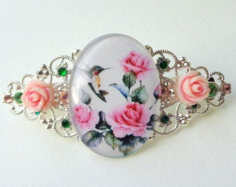 Humming Bird, Pink Rose, Swarovski Crystal Barrette, Silver Tone Filigree, Hair Jewelry, Sexy Hair Accessories, Prom Hair, OOAK