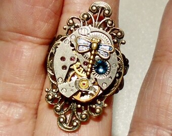 Steampunk Dragonfly and Crystal Ring, Ruby Jeweled Watch Movement, Adjustable Band