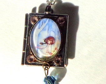 Locket Necklace, Tiny Painted Portrait, Cameo, Book Locket, Swarovski Crystals, OOAK