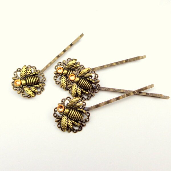 Set of Two Honey Bee Bobby Pins, Golden Swarovski Crystals, Filigree Base