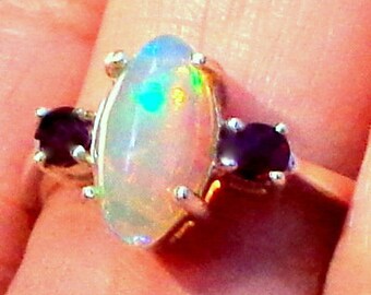 Size 6.5, Welo Opal Ring, Ethiopian Opal, Marquise Shape, Garnet Accents, Ornate Sterling Silver Ring, Natural Gemstones, OOAK