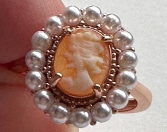 Hand Carved Cameo, Rose Gold Filled, Sterling Silver Ring, Vintage Conch Shell Cameo, Seed Pearl Halo, OOAK