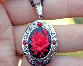 Red Rose Cameo,Locket Necklace,Neo Victorian,Mother's Day Gift,Steam Punk Goth,Vintage Locket,Gothic Jewellry,Edwardian Fantasy