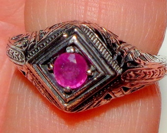 Choose Size, Vintage Ruby Ring, Victorian Design, July Birthstone,Sterling Silver Filigree Ring, Art Deco, Red Stone, Vintage Jewelry