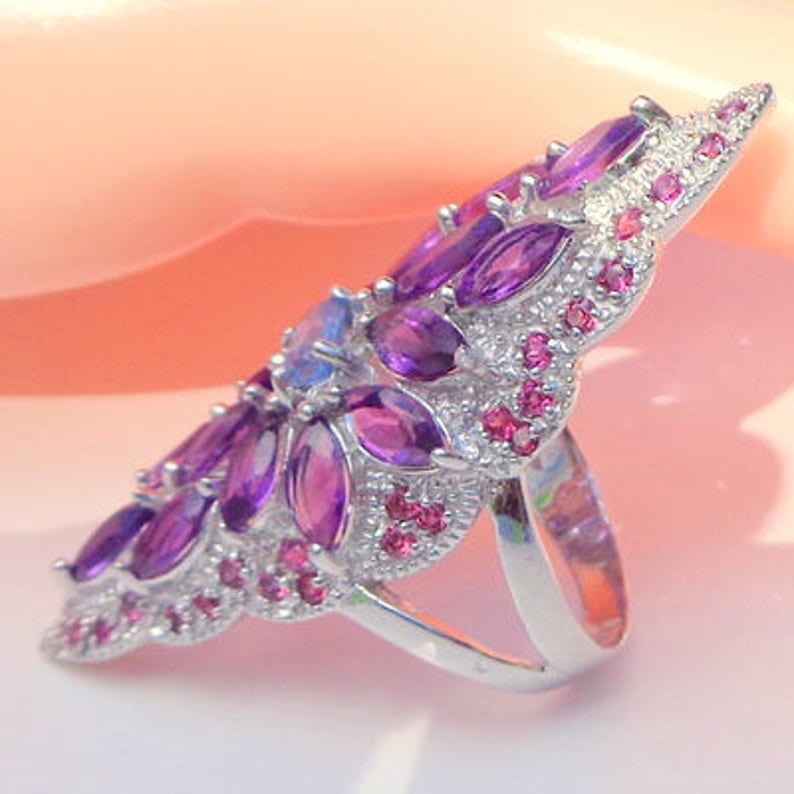 Rhodolite Garnet Ring Kyanite Vintage Filigree Ring Vintage Sterling Silver Awesome Amethyst Edwardian Style Natural Gemstones