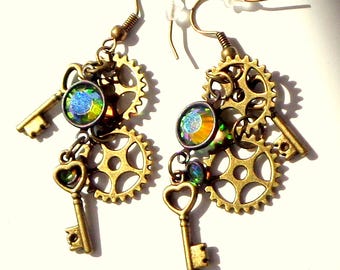 Steampunk Earrings,Vintage Swarovski Crystals, Gears and Keys,Steam Punk Goth,Dark Metal Noir,Gothic Jewellry,Cosplay Earrings