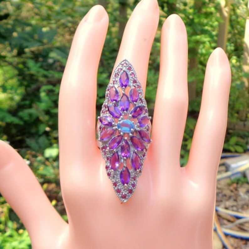 Rhodolite Garnet Ring Kyanite Vintage Filigree Ring Vintage Sterling Silver Awesome Amethyst Edwardian Style Natural Gemstones