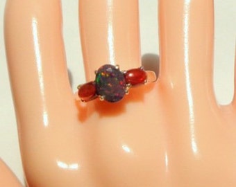 Black Welo Opal Ring, Ethiopian Opal, Garnet Ring, Ornate Sterling Silver Ring, Natural Gemstones, OOAK