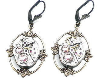 Antique Pink, Swarovski Crystal, Watch Movement, Steampunk Earrings