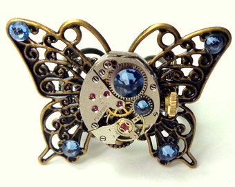 Steampunk Butterfly Ring,Steam Punk Ring,Filigree Butterfly,Antique Ruby Jeweled, Watch Movement,Gothic Jewelry, Blue Swarovski Crystal