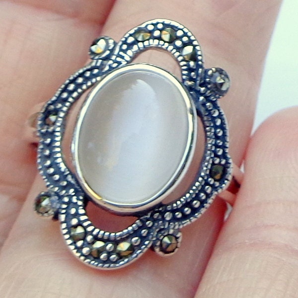 Vintage Ring White Cat's Eye Marcasite Sterling Silver | Etsy