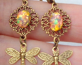 Swarovski Crystal, Antique Brass, Dragonfly Earrings, Vintage Pink Opal Glass, French Wires, Nickel Free Earrings