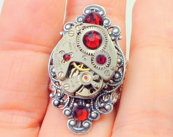 SALE, Adjustable Steampunk Ring, Ruby Jeweled Vintage Watch Movement, Red Swarovski Crystals, Filigree Band, Silver Tone Filigree Setting
