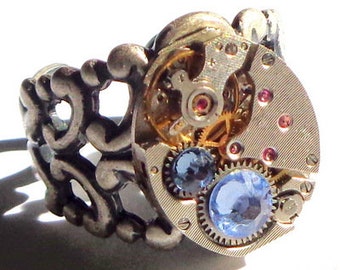 Steampunk Ring, Watch Movement, Ring, Cosplay Ring, Steam punk Ring, Steam punk Goth, Swarovski Crystal, Neo Victorian