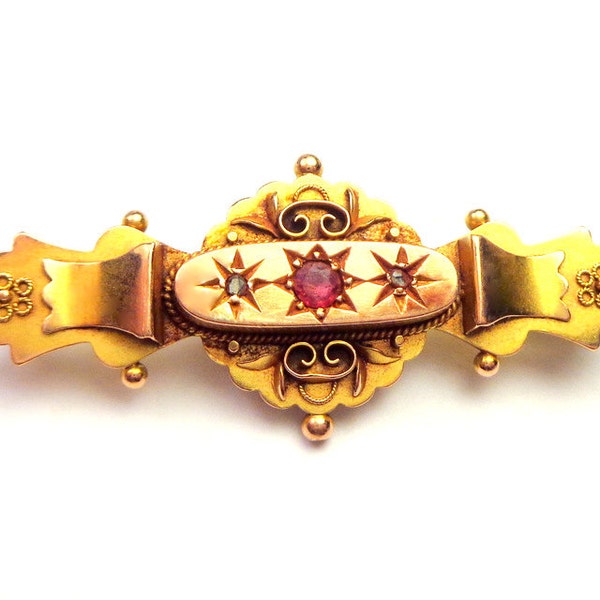 Solid 9Ct Yellow and Rose Gold Diamond & Ruby, Mourning Brooch, Edwardian Era, Late Victorian Mourning Brooch, Edwardian Treasure