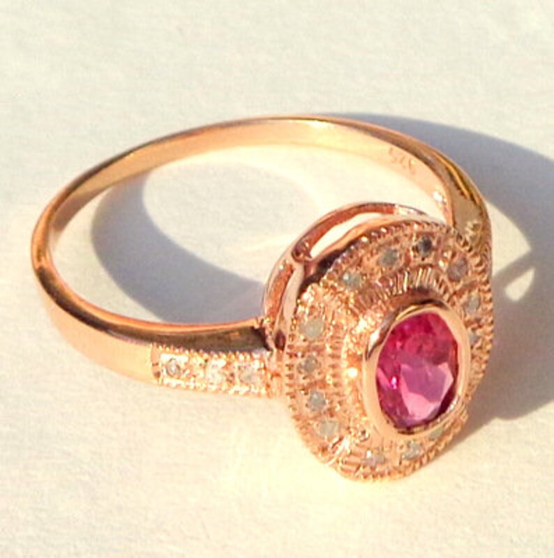 Size 6.5 Vintage Ring 14K Rose GoldSterling Silver Ring Edwardian Style Genuine .84ctw Pink Sapphire /& Diamond