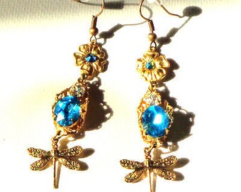 Swarovski Crystal, Antique Brass, Dragonfly Earrings, Blue and Purple, French Wires, Nickel Free Earrings