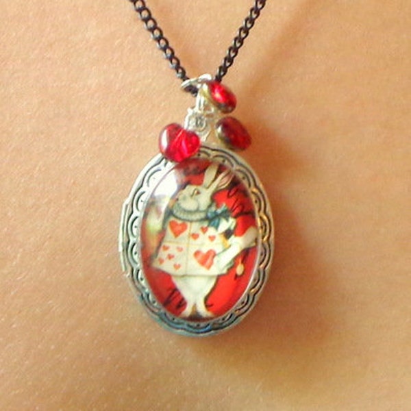 Alice in Wonderland, White Rabbit, Fairytale Locket Necklace, Dangling Red Glass Hearts, with Gold Backs, Glass Capped Rabbit Portrait, OOAK