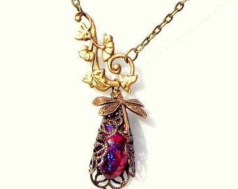 Neo Victorian, Steampunk Necklace, Dragon's Breath Cabochon, Antiqued Brass Filigree, OOAK