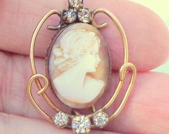 SALE, Victorian Style, Hand Carved Conch Shell, Vintage Cameo Pendent/Brooch, Gold Plated Frame, Diamond White Crystals, OOAK