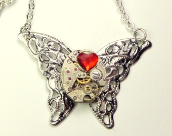 SALE, Steampunk Wings Necklace with Ruby Red Swarovski Crystal Heart, Neo Victorian, Edwardian Fantasy,Ruby Jeweled, Filigree Necklace