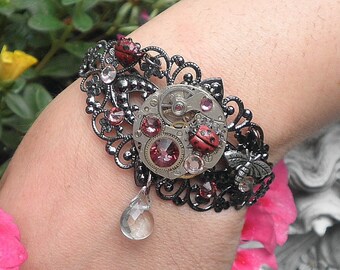 Steampunk Ladybug  Cuff Bracelet, Ruby Jeweled Watch Movement, Pink & Clear Swarovski Crystals, Antique Glass Ladybugs, Silver Tone Bee