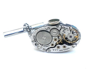 Steampunk Tie Tack, Ruby Jeweled Watch Movement, Classy Formal Wear, Mens Gift, Prom, Fathers Day, Birthday, Graduation Gift