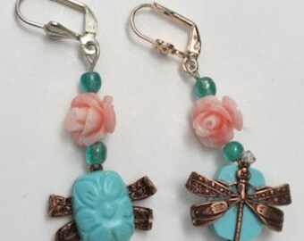 Carved Turquoise, & Pink Conch Shell Roses, with Antiqued Rose Gold Dragonflies, and Aventurine Gemstone Beads, One of a Kind Earrings