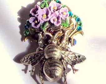 Honey Bee Steampunk Vintage Ruby Jeweled Watch Movement Brooch, Swarovski Crystals, OOAK