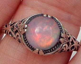 Sz 7 3/4, Welo Opal Ring, Sterling Silver, Ethiopian, Semi-transparent, Peach, Yellow, Green Color Play, Ornate Victorian Setting, OOAK
