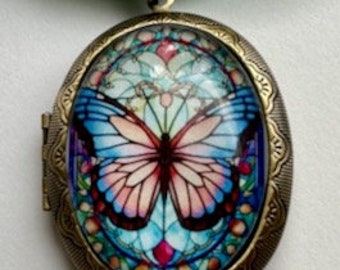 Large Butterfly Cameo Locket,  Antiqued Gold Tone Locket, Ribbon Cord Adjustable Necklace