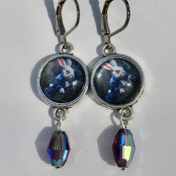 White Rabbit, Nighttime Stalking Earrings, Alice in Wonderland, Swarovski Mystic bead, Silver Tone Frame, Perfect for Easter