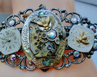 Steampunk Cuff, Filigree Bracelet, Ruby Jeweled Watch Movement, Swarovski Crystals, Vintage Watch Parts, Antiqued Brass, Tiny Bees