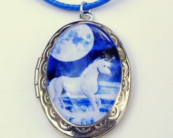 Unicorn Cameo, Large Locket Necklace, White & Blue, Glass Capped, Lady's Gift, Steam Punk, Vintage Style Locket, Edwardian Fantasy