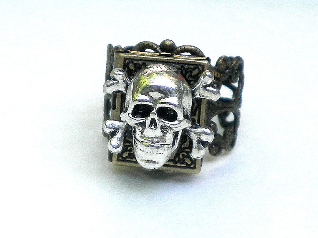 Skull and Bones Gothic Style Locket Ringdark Metal 
