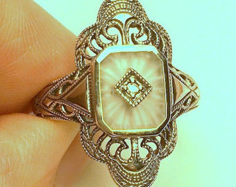 Sz 6, Vintage Camphor Glass, Diamond Ring, Sterling Silver Filigree Ring, Victorian Style, Edwardian Design Ring, Art Deco Era