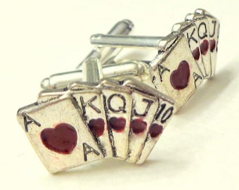 Poker Cuff Links,Full House of Hearts,Men's Women's,Card Cuff Links,Unisex,Steampunk,Formal Wear,Hand of Cards Cufflinks