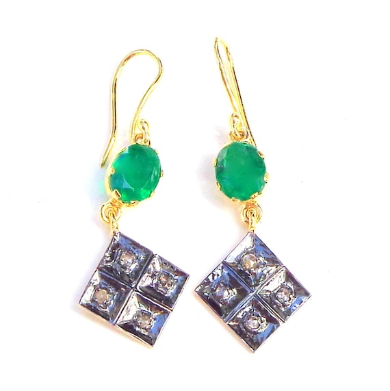 Antique Emerald and Diamond Earrings, Gold/Sterli… - image 1