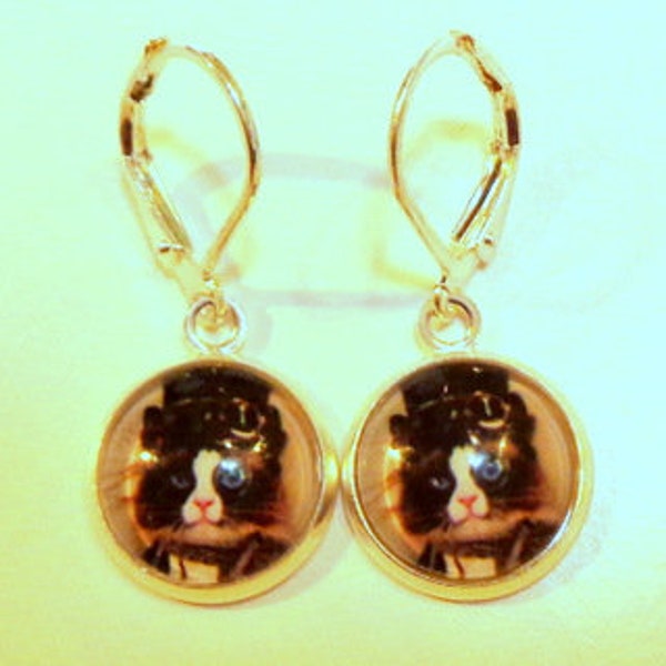 Steampunk Kitty Earrings, Top Hat Puss Cameo, Dangling Cats, Silver Tone, Cosplay Jewelry, Steam Punk Goth