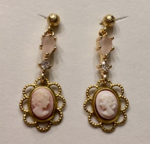 Cameo Earrings, Carved Pink Coral, Conch Shell, A… - image 1