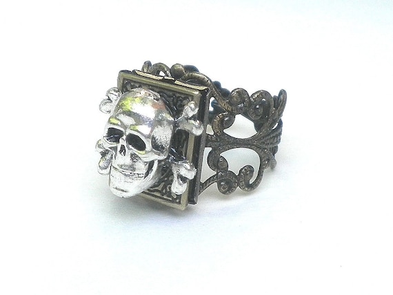 Skull and Bones Gothic Style Locket Ringdark Metal 