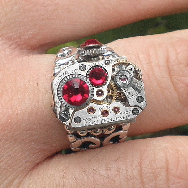 Awesome Ruby Jeweled Movement, Steampunk Ring at a Holiday Sale Price