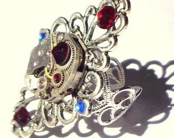 Stunning Steampunk Ring, Vintage Ruby Jeweled Watch Movement, Swarovski Crystals, Silver Tone Filigree, Adjustable Band