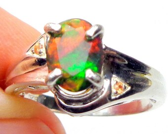 SALE, Natural Black OPAL, Ring, Orange, Red, Yellow, Green Fire, Sterling Silver Setting, Yellow Sapphire Accents, OOAK