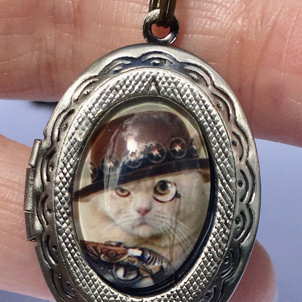 Locket Necklace, Steampunk Lady Cat Cameo, Glass Capped, Lady's Gift, Steam Punk, Vintage Style Gunmetal Locket, Edwardian Fantasy, OOAK